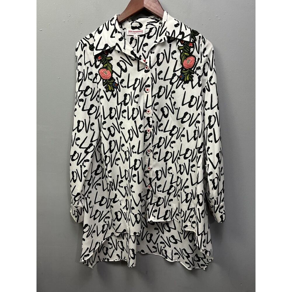 Mishca Tunic‎ Blouse Womens Small Spellout Embroidered High Low Roll Tab Sleeve
